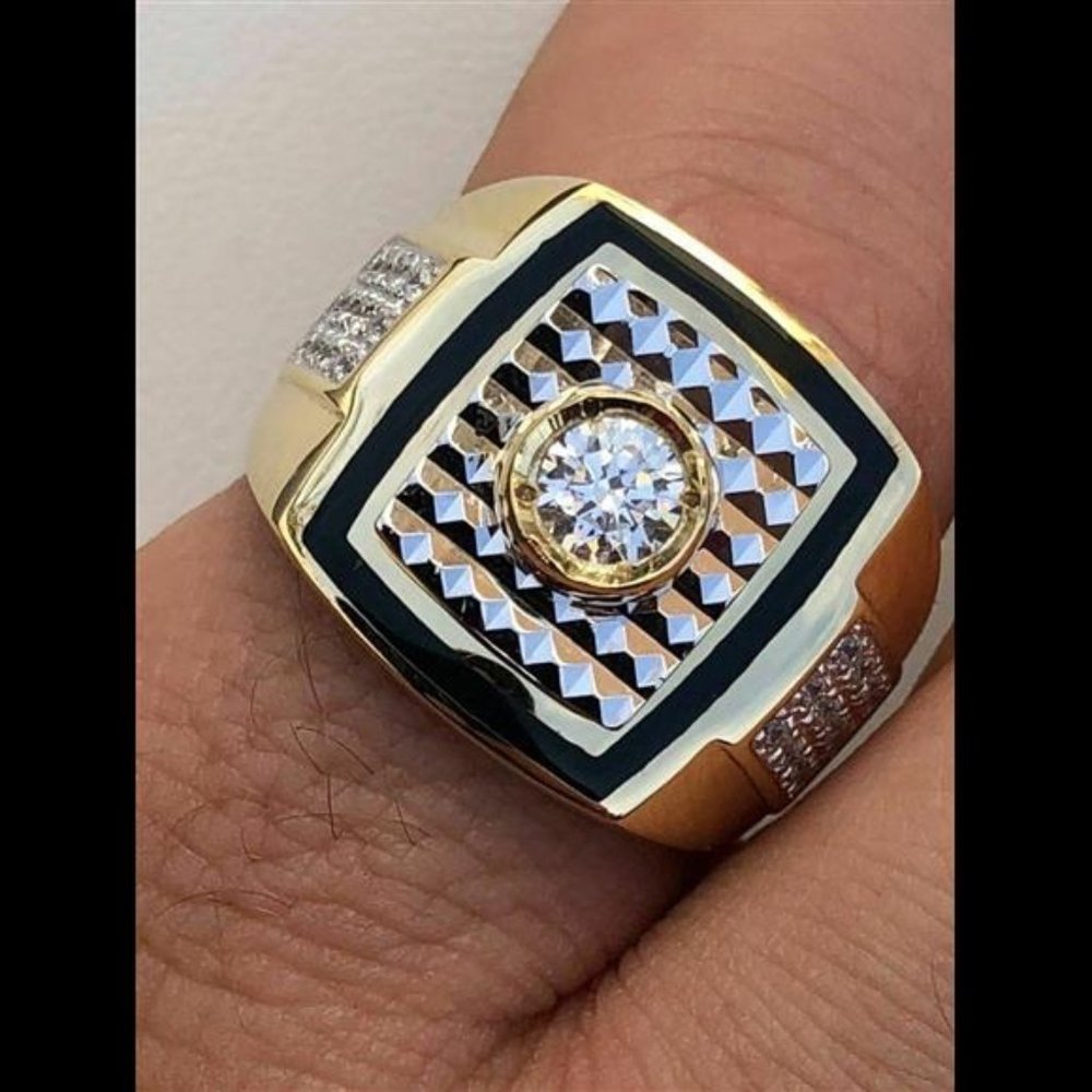 Men's REAL 14K Gold & Solid 925 Silver Solitaire Black Onyx & CZ Size 7-13 Pinky